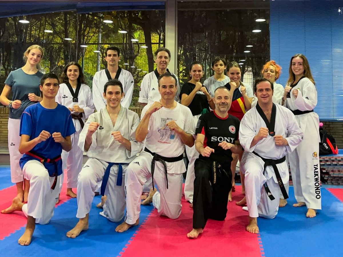 Alumnos y profesores disfrutando de un entrenamiento de Taekwondo en grupo